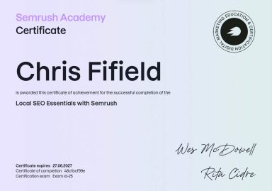 Certificate of completion for Chris Fifield in SEO Essentials with Semrush Academy.