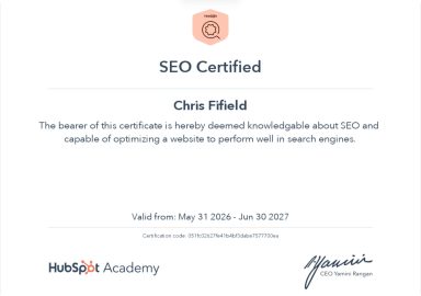 Certificate of SEO proficiency awarded to Chris Fifield by HubSpot Academy.