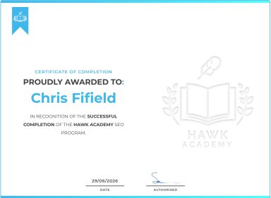 Certificate awarded to Chris Fifield for completing a course at Mawk Academy.
