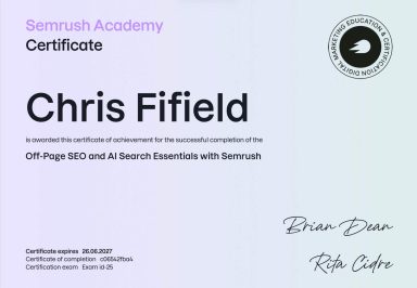 Certificate awarded to Chris Fifield for completing Off-Page SEO and Search Essentials.