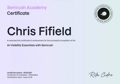 Certificate awarded to Chris Fifield for completing a Visibility Essentials course.