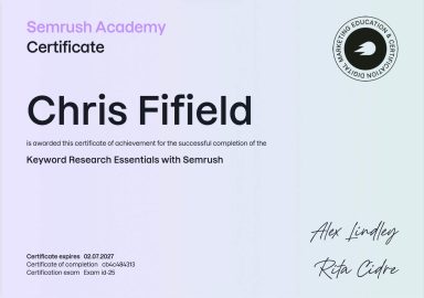 Certificate from Semrush Academy awarded to Chris Fifield for completing Keyword Research Essentials.