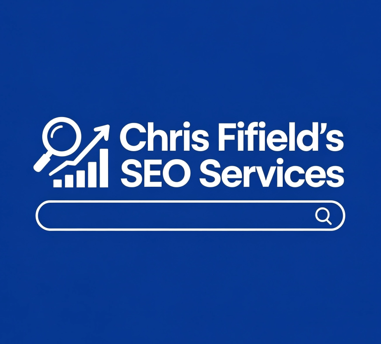 Logo for Chris Fifield's SEO Services with an upward graph and search bar icon.