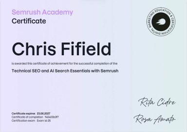 Certificate awarded to Chris Fifield by Semrush Academy for completing SEO training.