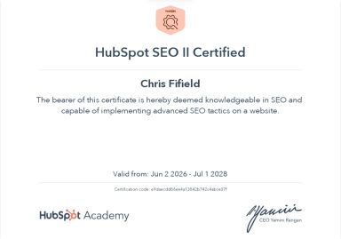 HubSpot SEO II certification awarded to Chris Field, valid from Jun 1, 2021, to Jul 7, 2023.